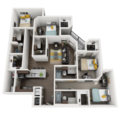 Modern 3D floor plan showcasing 3 bedrooms, 2 bathrooms, an open living room, and a sleek kitchen with island seating.