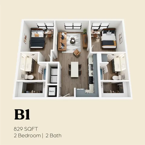 Chic B1 floor plan showcasing 829 sq ft with 2 bedrooms, 2 baths, and a modern open-concept living area.