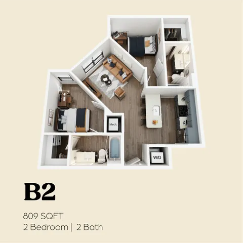 Modern 3D floor plan of a B2 unit with 809 sqft, featuring 2 bedrooms, 2 bathrooms, an open-concept living area, and a stylish kitchen.
