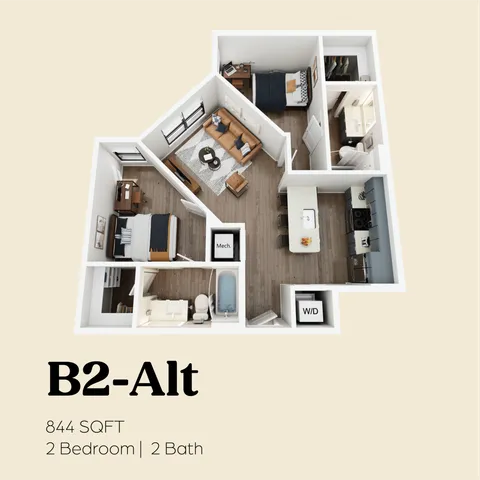 Modern 3D floor plan for B2-Alt unit featuring 2 bedrooms, 2 baths, and an elegant open-concept living and kitchen area within 844 sq ft.