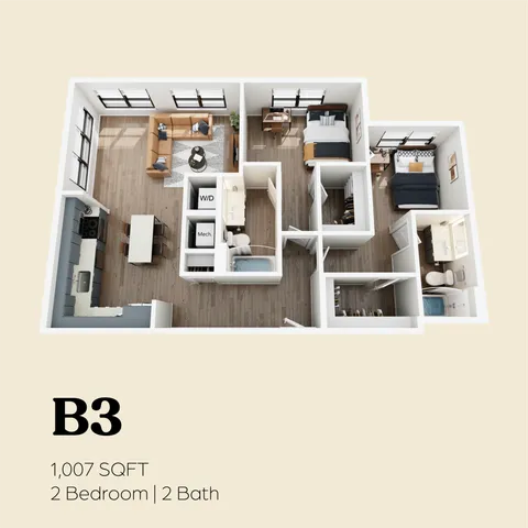 Contemporary B3 floor plan with 2 bedrooms and 2 baths, featuring a roomy living area and modern kitchen, spanning 1,007 square feet.