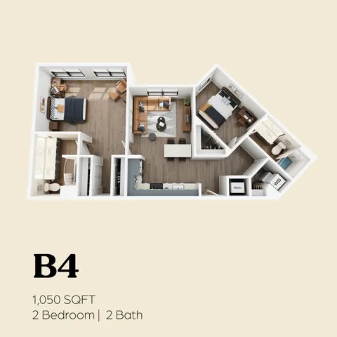 Modern B4 floor plan with 1,050 sqft, showcasing 2 bedrooms, 2 bathrooms, an inviting living space, and a stylish kitchen.