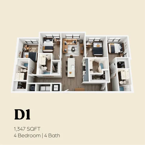 Spacious 3D floor plan D1 offering 4 bedrooms and 4 baths with open-concept living and dining area, spanning 1,347 sqft.