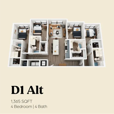 Modern 3D floor plan showcasing 1,365 sq ft with 4 bedrooms, spacious living area, and 4 bathrooms.