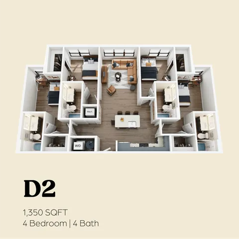 Contemporary D2 floor plan featuring 4 bedrooms, 4 bathrooms, open-concept living area, and modern kitchen in 1,350 sq ft.