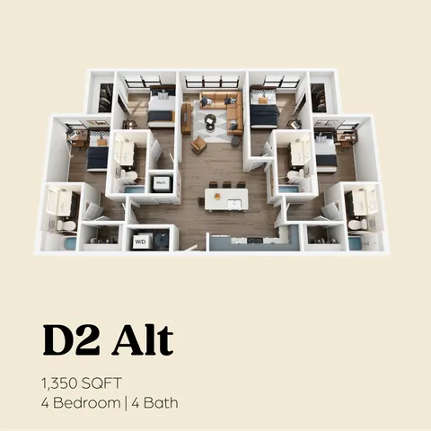 Modern 3D apartment floor plan featuring 4 bedrooms and 4 bathrooms, with spacious living areas, stylish kitchen, and abundant natural light, covering 1,350 sq ft.