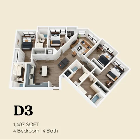 Elegant 3D floor plan showcasing 4 bedrooms and 4 bathrooms, complemented by a stylish open-plan kitchen and living area, totaling 1,487 sq ft.
