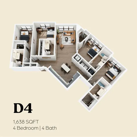 Contemporary 3D floor plan of a D4 layout featuring 4 bedrooms, 4 bathrooms, and an open living space in 1,638 sq ft.