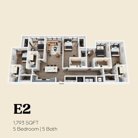 Spacious E2 floor plan showcasing 5 bedrooms and 5 bathrooms within 1,793 sq ft, featuring an open living area and modern design.