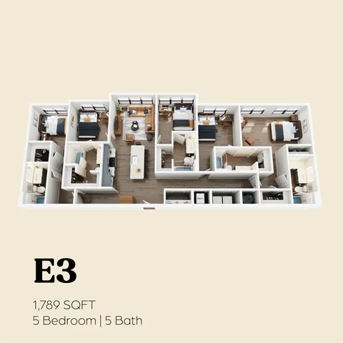 Spacious 3D floor plan featuring 5 bedrooms, 5 bathrooms, and an inviting open kitchen layout for a luxurious 1789 sq ft living space.