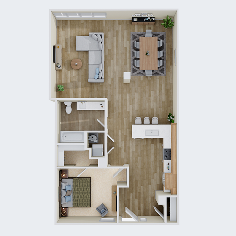 Chic open floor plan featuring a cozy living room, dining area, modern kitchen, spacious bedroom, and stylish bathroom.