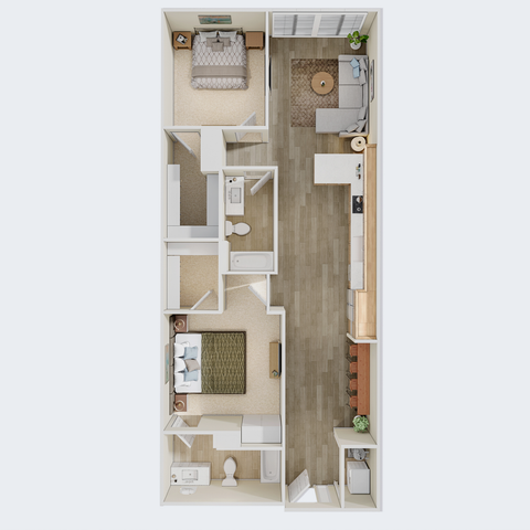 Chic 3D floor plan displaying two spacious bedrooms, open kitchen with bar seating, and inviting living area.