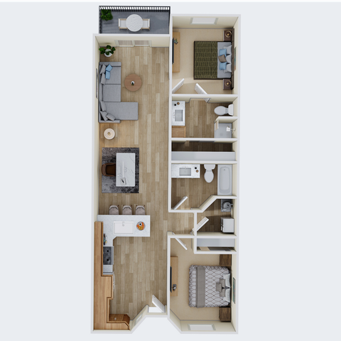Modern floor plan showcasing two spacious bedrooms, contemporary open kitchen with island, cozy living area, and two stylish bathrooms.
