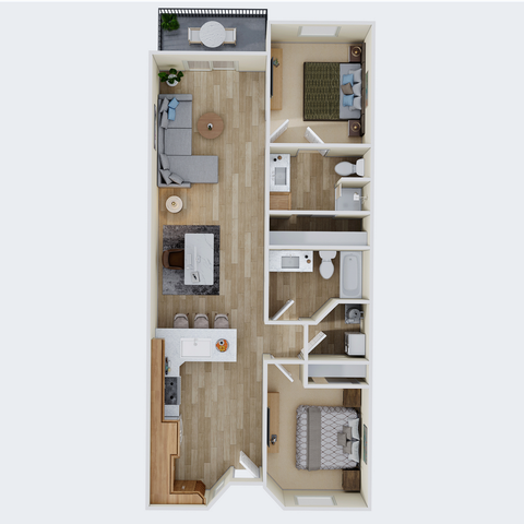 Contemporary floor plan showcasing 2 bedrooms, open living area, modern kitchen, and private balcony.