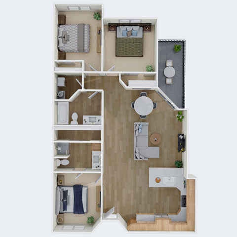 Charming 3D floor plan featuring three cozy bedrooms, spacious open-plan living and dining area, modern kitchen, two stylish bathrooms, and a private balcony.