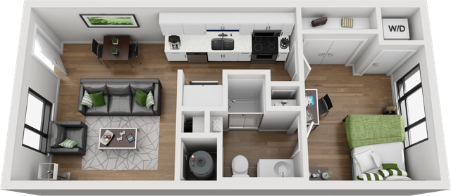 Modern 3D apartment floor plan featuring an open living area with cozy seating, a sleek kitchen with modern appliances, a stylish bedroom, and a compact workstation. Bright windows enhance the space with natural light.