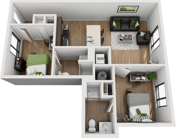 Contemporary 3D floor plan featuring two cozy bedrooms, a chic living room, a sleek kitchen with island, and a versatile office space, all with stylish hardwood floors.