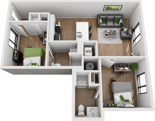 Inviting 3D floor plan showcasing a chic 2-bedroom apartment with modern living area, sleek kitchen, and cozy office space.