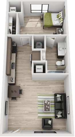 Modern 2D floor plan featuring one bedroom, a cozy living room with a sofa and armchair, a well-equipped kitchen, and a stylish bathroom. Includes a dining area and in-unit washer and dryer. Perfect layout for urban living.