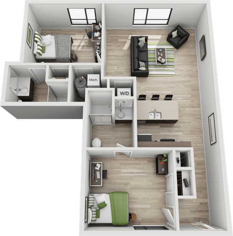 Modern 3D floor plan showcasing 2 spacious bedrooms, open living area, sleek kitchen with island, and ample natural light.