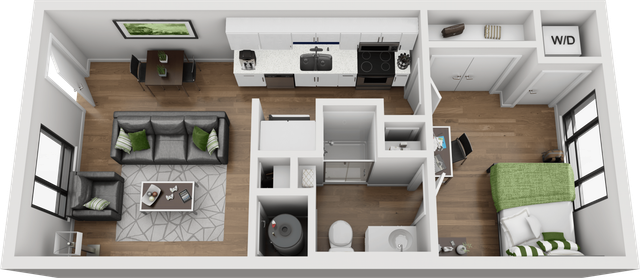Modern 3D apartment floor plan featuring a cozy living room, sleek kitchen, stylish dining area, and spacious bedroom with green accents.
