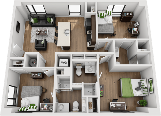 Modern 3D floor plan showcasing a stylish three-bedroom apartment with open-concept living and dining area, sleek kitchen island, and two elegant bathrooms.