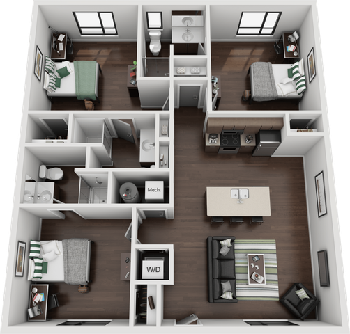 Modern 3D floor plan showcasing 3 bedrooms, two bathrooms, and an open-concept kitchen and living area with stylish decor.