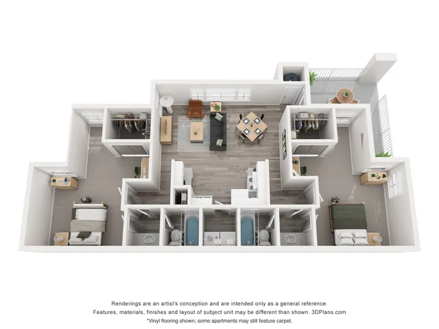 Modern 3D floor plan displaying 2 bedrooms, open living and dining area, and balcony access for a stylish apartment lifestyle.