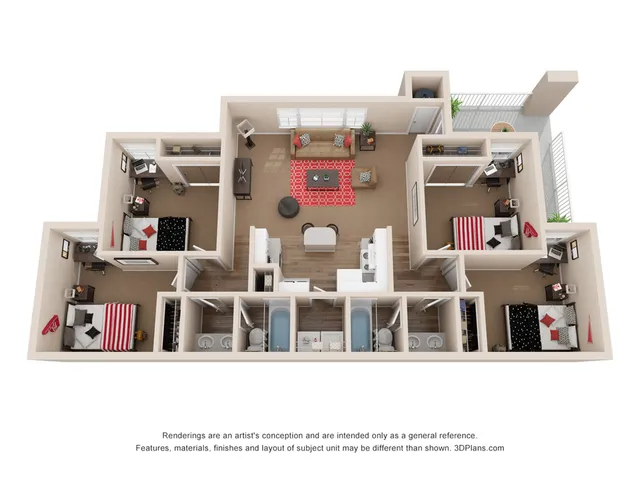 Modern 3D floor plan showcasing 3 spacious bedrooms, a cozy living area, elegant kitchen, and private balcony.