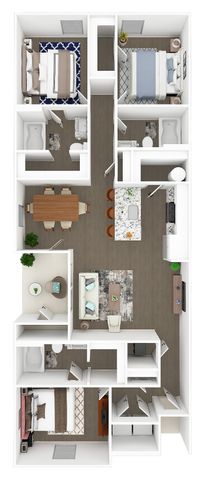 Elegant 3-bedroom floor plan showcasing a modern open-concept living area, stylish kitchen with island, two chic bathrooms, and a cozy balcony.