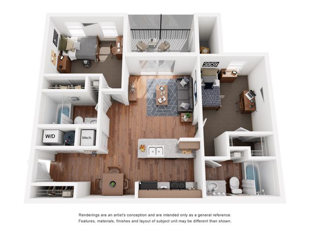 Inviting floor plan showcasing 2 bedrooms, a modern kitchen, open living space, and private balcony.