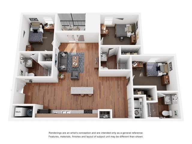 Chic 3D floor plan showcasing a modern open-concept living area, three bedrooms, a stylish kitchen, and elegant bathrooms, ideal for contemporary living.