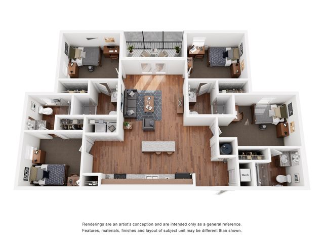Modern 3D floor plan featuring 3 spacious bedrooms, an elegant open-concept living area, and a sleek kitchen with island seating, designed for comfort and style.