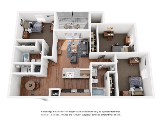 Inviting 3D floor plan featuring three spacious bedrooms, an elegant open-concept living room, a modern kitchen with island, and two well-appointed bathrooms.