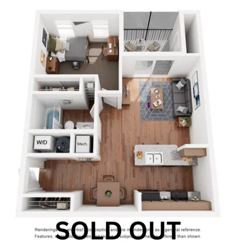 Modern floor plan showcasing an open kitchen and living area, one bedroom, stylish bathroom, and balcony. Interior features sleek design and efficient layout.