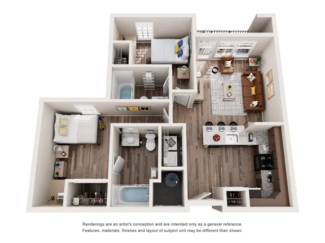Detailed 3D floor plan showcasing a modern apartment with two cozy bedrooms, a stylish kitchen, open living area, and two bathrooms, perfect for urban living.