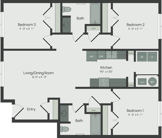 Modern floor plan featuring three spacious bedrooms, two baths, an open living and dining area, and a well-equipped kitchen with pantry and laundry facilities.