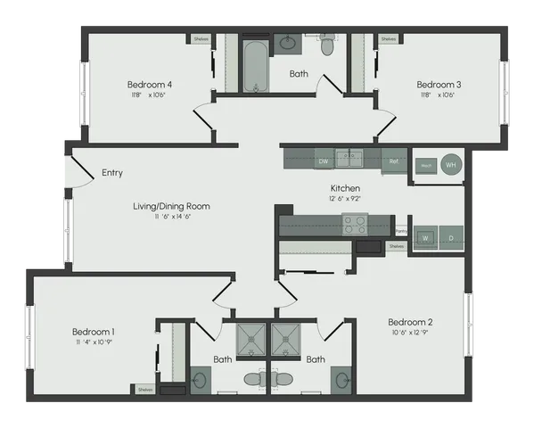 Elegant floor plan showcasing four spacious bedrooms, a modern kitchen with premium fixtures, and a combined living/dining area for ultimate comfort.