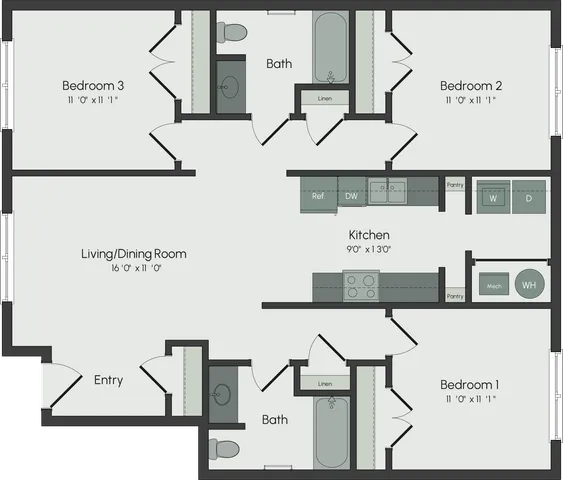 Modern floor plan with 3 spacious bedrooms, sleek kitchen, and open living/dining room area, ideal for comfort and style.