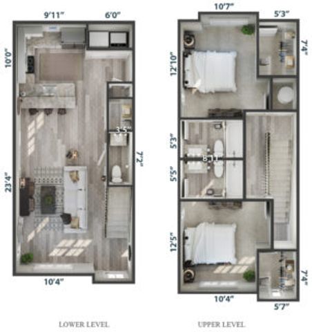 Chic 2-level floor plan featuring a modern open-concept living area and kitchen on the lower level, and 2 cozy bedrooms with a bathroom on the upper level.