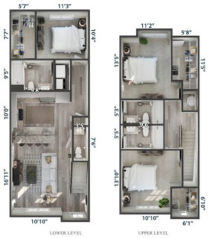 Charming two-level floor plan showcasing three bedrooms, a cozy living room, and a modern kitchen, perfect for stylish living.