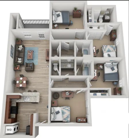 Modern 3D floor plan featuring three cozy bedrooms, an open-concept living and dining area, a stylish kitchen with island, and dual bathrooms.