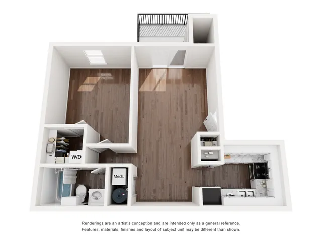Modern 3D floor plan featuring two bedrooms, a full bathroom, washer/dryer setup, and a sleek open kitchen, complemented by elegant wooden flooring and natural light.