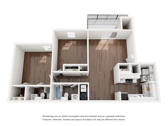 Modern 3D floor plan featuring two spacious bedrooms, a stylish open kitchen, and a cozy living area with hardwood floors, plus a balcony for added relaxation.
