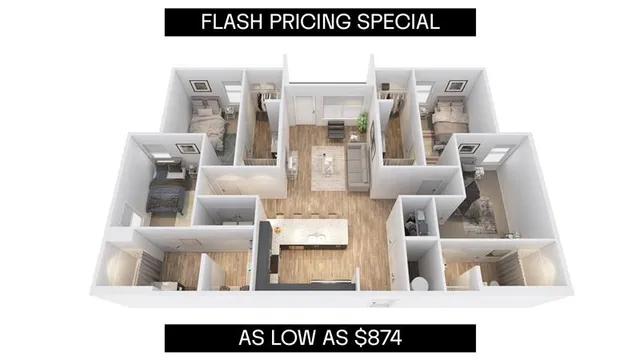 Modern 3D apartment floor plan showcasing three cozy bedrooms, an elegant open-concept living and dining area, and a stylish kitchen. Limited-time pricing special available as low as $874.
