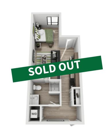Contemporary floor plan of a compact apartment featuring an open-concept living space, cozy bedroom, modern kitchen, and bathroom. Sold out status indicates high demand.