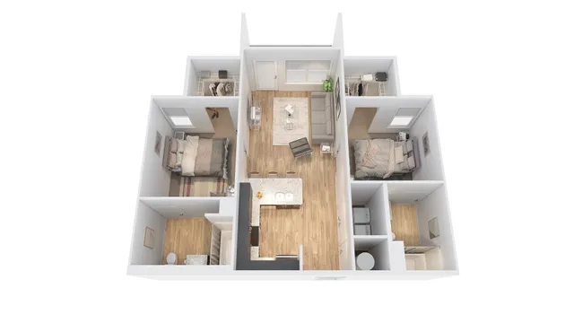 Inviting 3D floor plan highlighting 3 bedrooms, a modern open living space, and a sleek kitchen design.