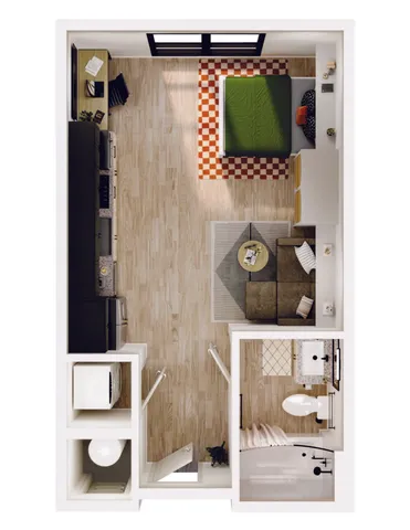 Compact 2D floor plan with a cozy bedroom, modern living area, stylish kitchen, and sleek bathroom in an efficient layout.