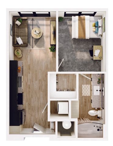 Modern open-concept floor plan featuring a cozy living room, elegant bedroom, stylish kitchen, and well-appointed bathroom.