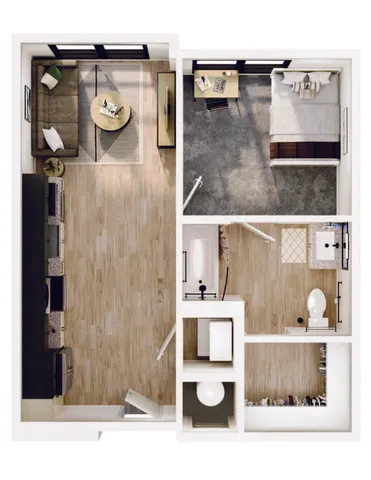 Modern apartment floor plan featuring a cozy bedroom, spacious living area with a stylish couch, well-appointed kitchen, and elegant bathroom.